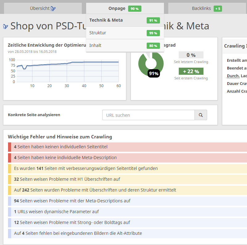 Screenshot Seobility: Fehlerreport durch Seobility während der SEO-Optimierung