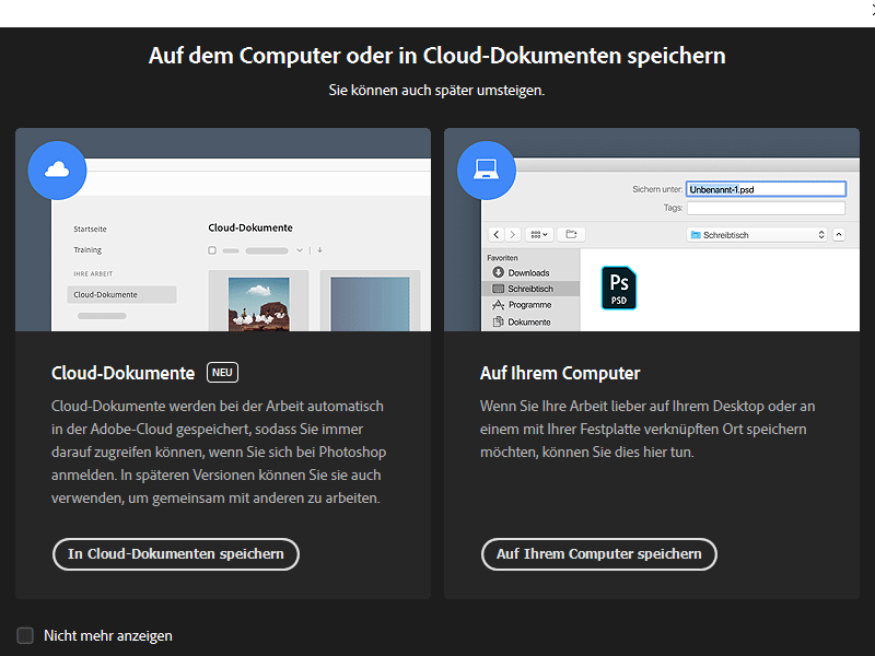 In Photoshop CC 21.0 steht die Option zum Speichern als Cloud-Dokument zur Verfügung.