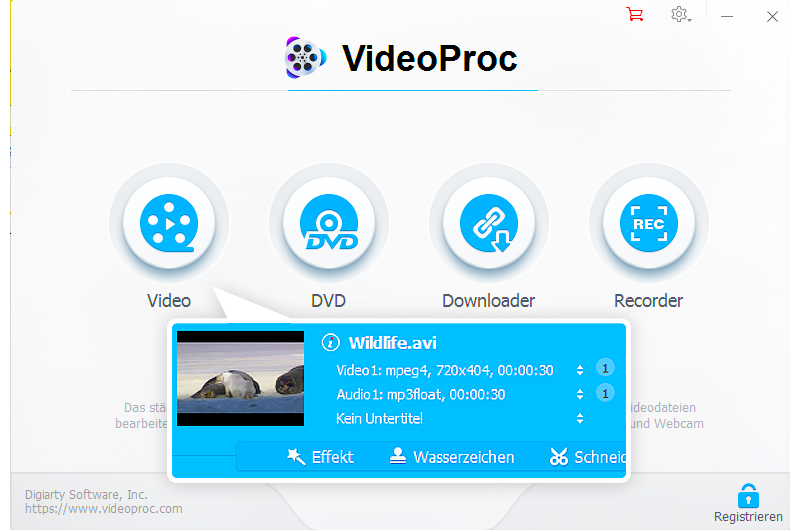 VideProc mit den vier Arbeitsbereichen Video, DVD, Downloader, Recorder